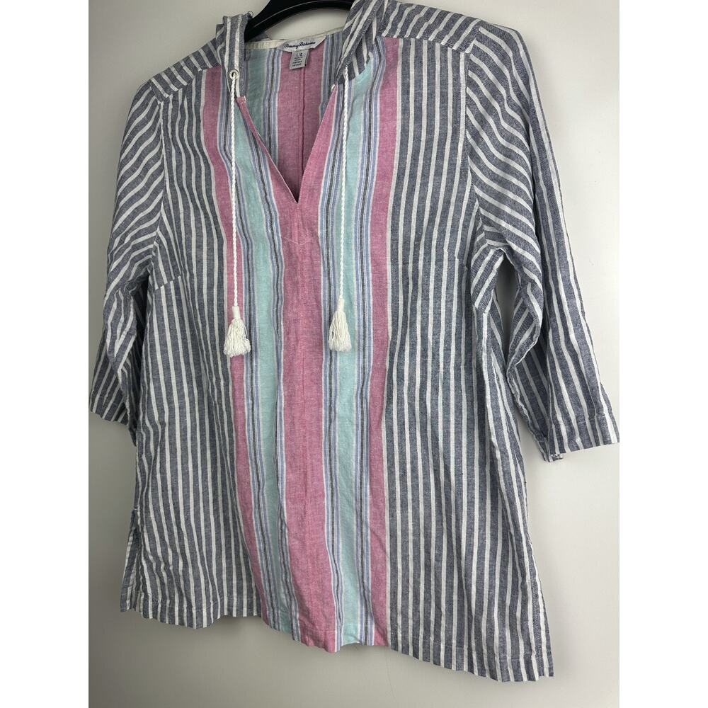 Tommy Bahama Lovely Lanes 3/4 Sleeve Baja Pullover Hoodie Cotton Linen Large - Picture 3 of 11